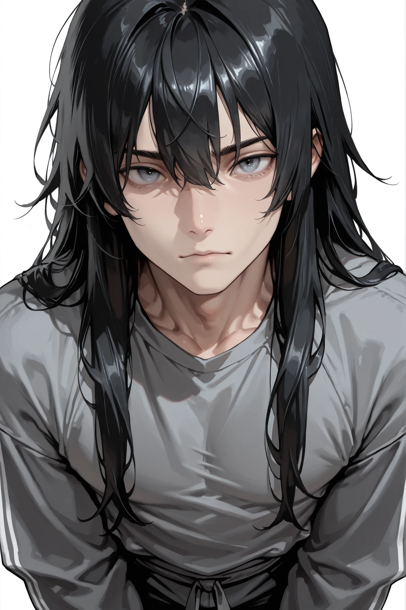 (Masterpiece, absurdres, newest topquality) 1boy, solo, maturemale, malefocus, long hair, black hair, grey streaks, blue-greyish eyes, form fitting longsleeves, standing upright, white background, looking at viewer, tall, lean build, portrait, close up, front view, looking at viewer, ((focus face)), body front