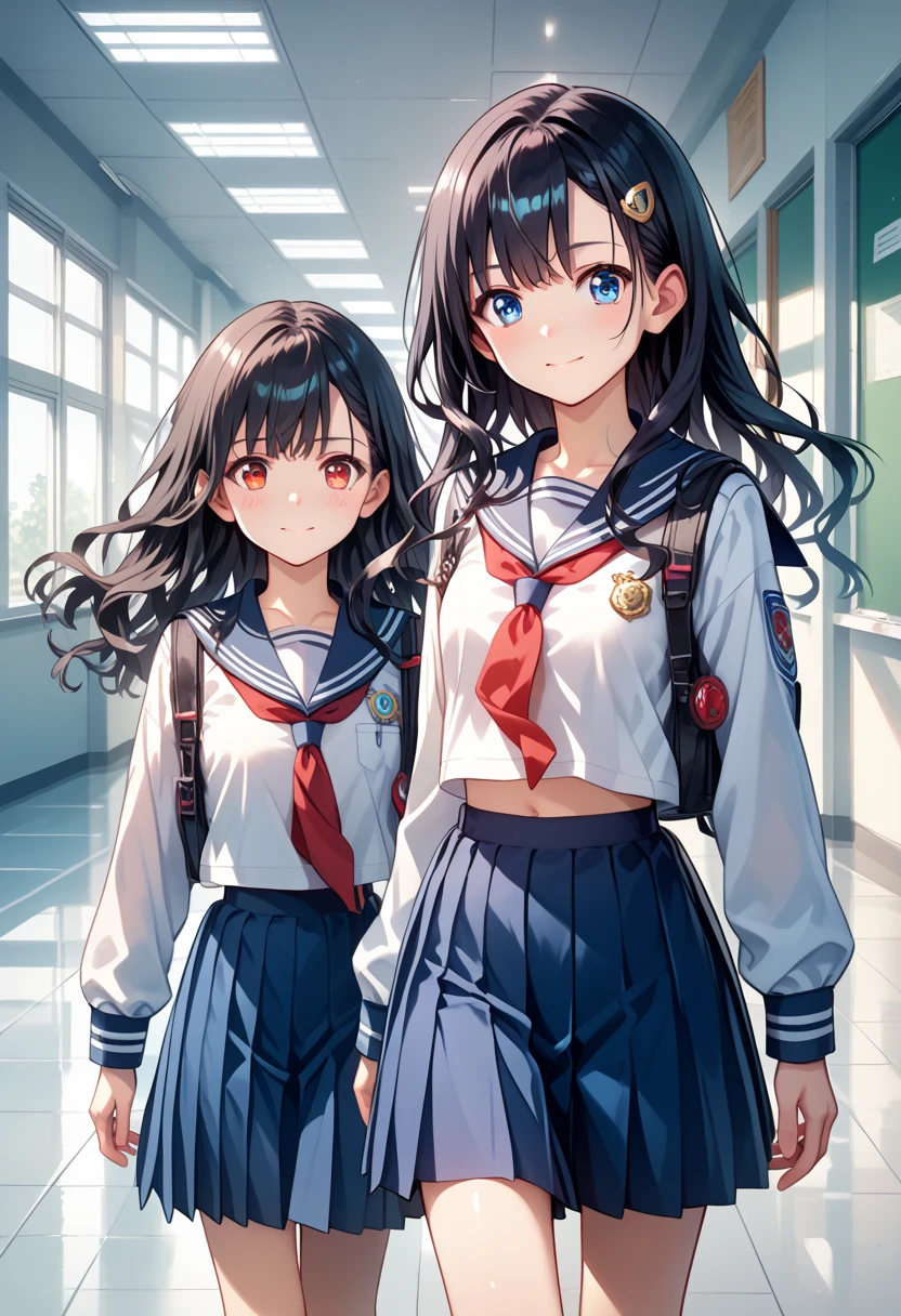 two high school girls、Crouching down in front of a flower bed、Watching the flowers、seductive smile、school playground、