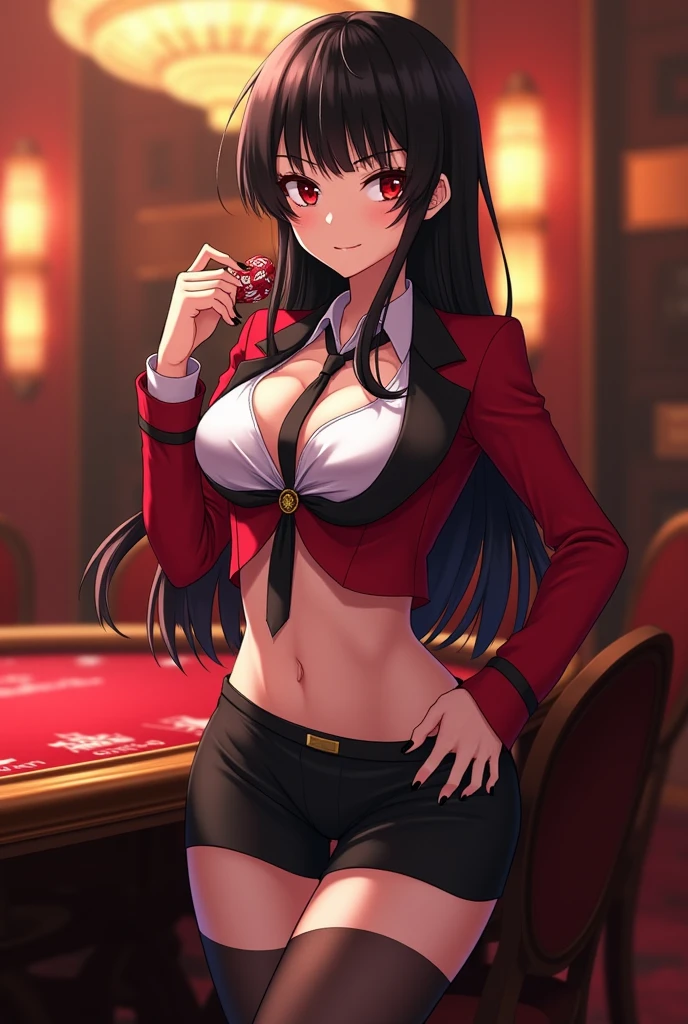 Yumeko Jabami from Kakegurui, squeenp, red eyes, cinematic lighting
masterpiece, best quality, medium full shot, smirk, looking at viewer, poker room, giant breast, erect nipples, wet pussy, fingering pussy, enormous cleavage, naked pussy