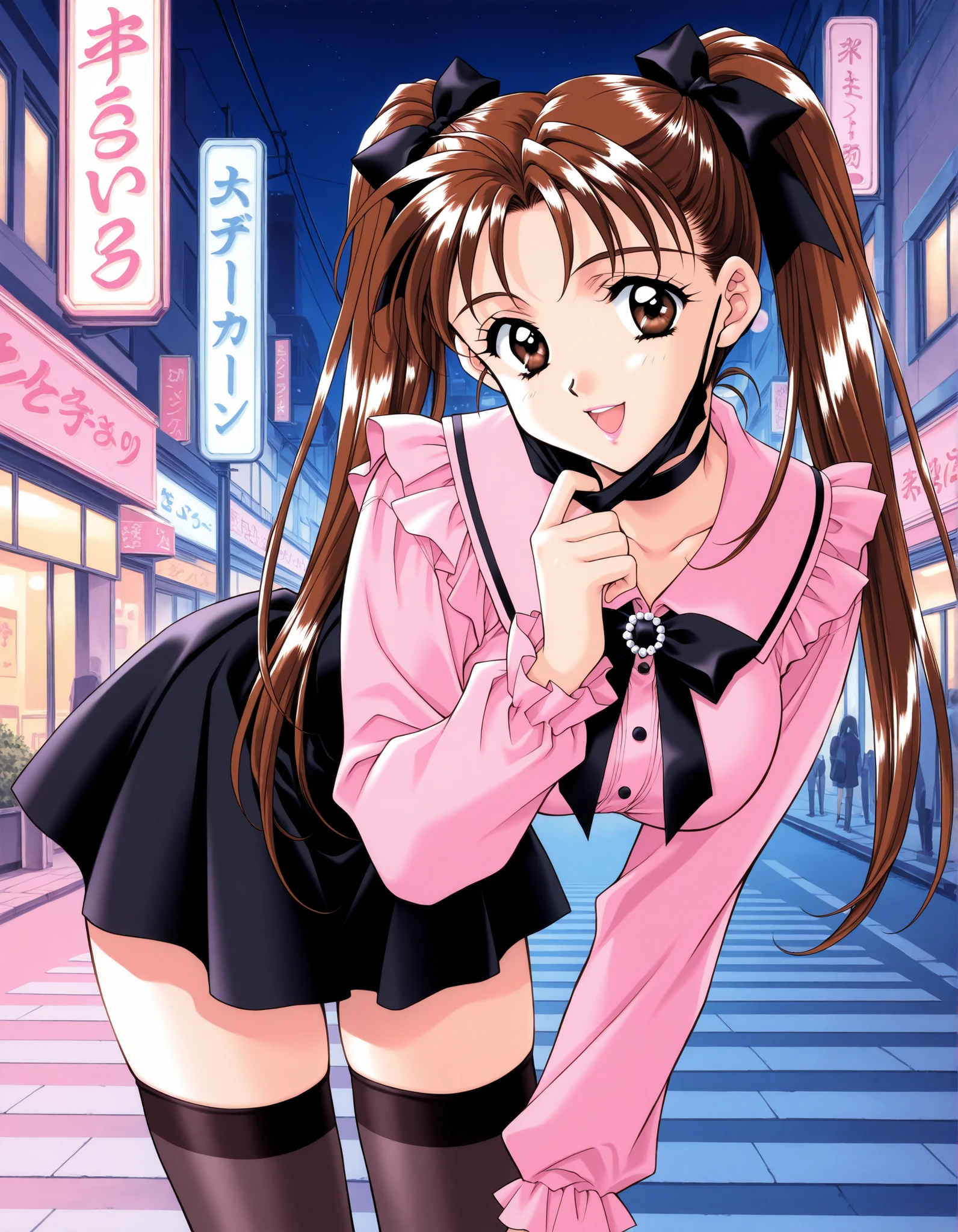 Score_9, score_8_up, score_7_up, source_anime, KanouRyouko, 1girl, solo, twintails, brown hair, brown eyes, large breasts, 1990s (style), kadoi aya style, (best quality), (high quality), {masterpiece}, extremely delicate and beautiful, ultra-detailed, beautiful detailed eyes, jirai kei, pink shirt, black skirt, black choker, black thighhighs, shibuya, street, night, black mask, mask pull, pink lips, smile, open mouth, leaning forward