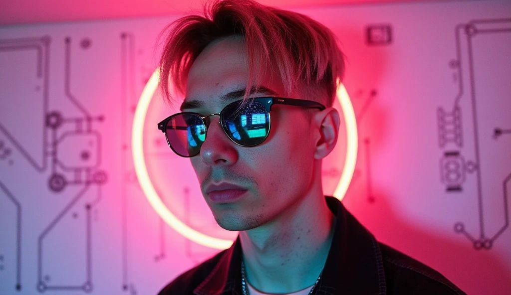 The young man is standing in the center of a music studio, modern room illuminated by intense red and white neon lights forming geometric patterns on the ceiling. He has long, brown hair tied back in a neat man bun, and he sports dark sunglasses that add to his cool, enigmatic demeanor. He is naked and has no clothes on.