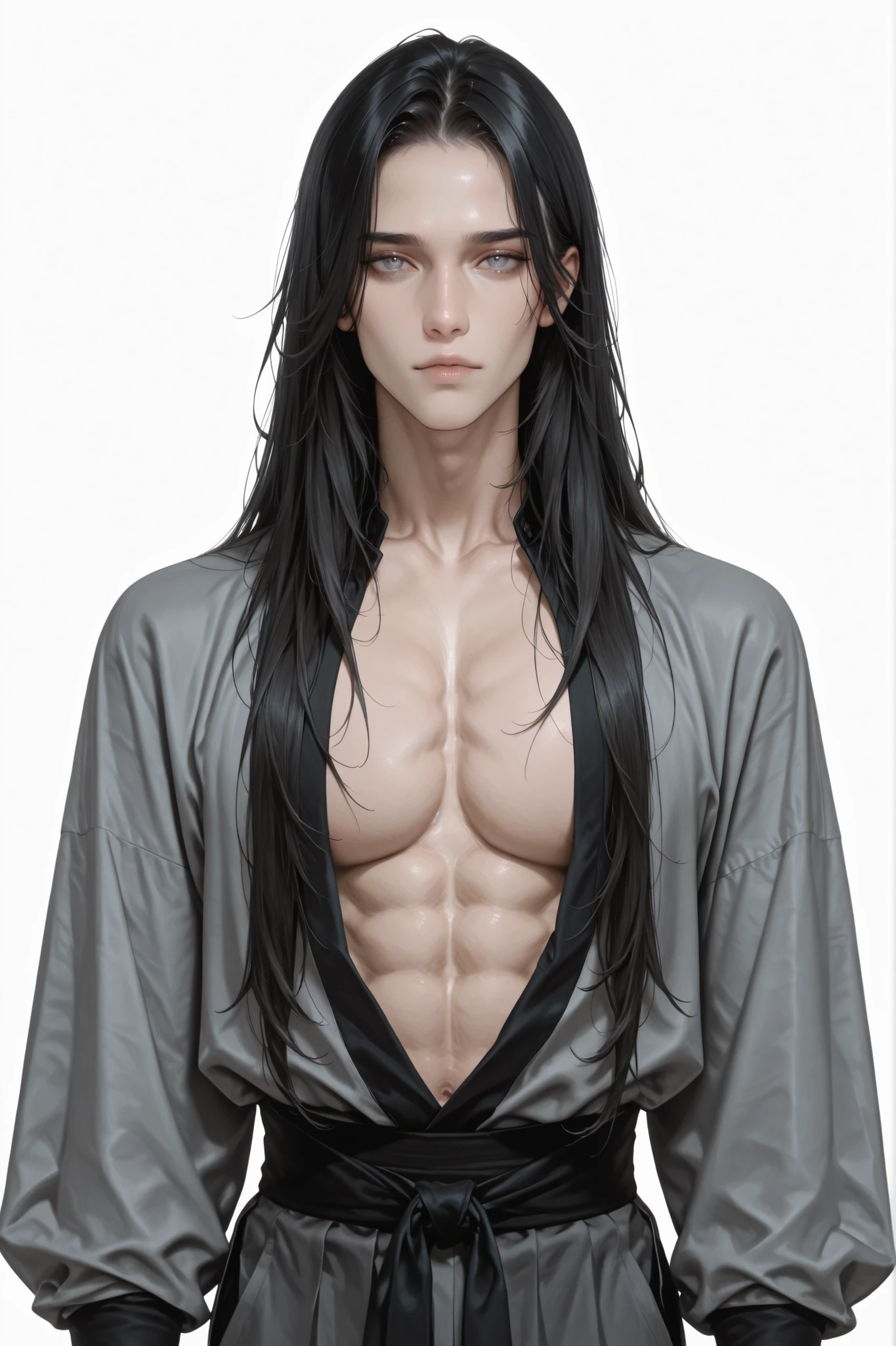 (Masterpiece, absurdres, newest topquality) 1boy, solo, maturemale, malefocus, long hair, black hair, grey streaks, blue-greyish eyes, form fitting longsleeves, standing upright, white background, looking at viewer, tall, lean build, portrait, close up, front view, looking at viewer, ((focus face)), body front