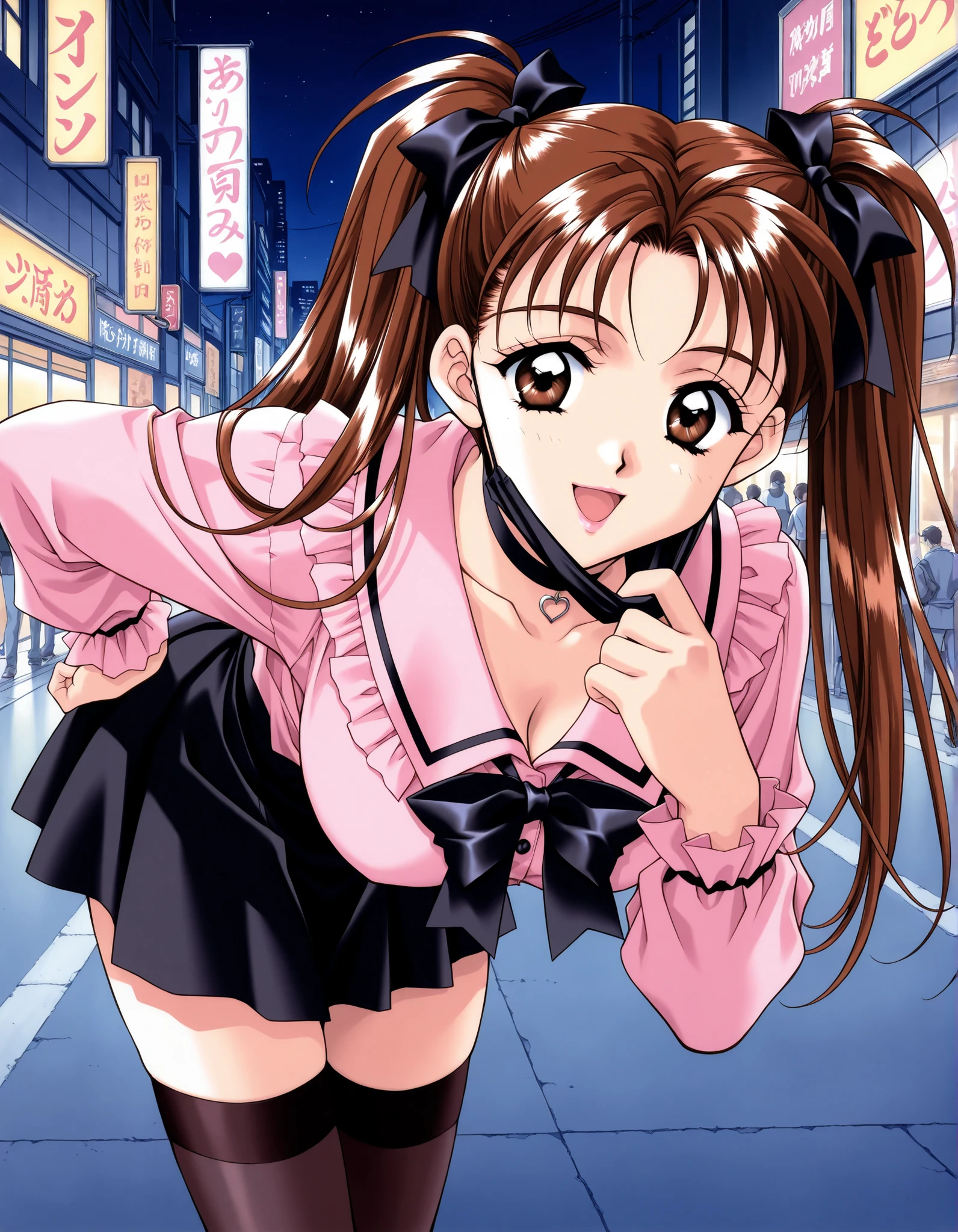 Score_9, score_8_up, score_7_up, source_anime, KanouRyouko, 1girl, solo, twintails, brown hair, brown eyes, large breasts, 1990s (style), kadoi aya style, (best quality), (high quality), {masterpiece}, extremely delicate and beautiful, ultra-detailed, beautiful detailed eyes, jirai kei, pink shirt, black skirt, black choker, black thighhighs, shibuya, street, night, black mask, mask pull, pink lips, smile, open mouth, leaning forward
