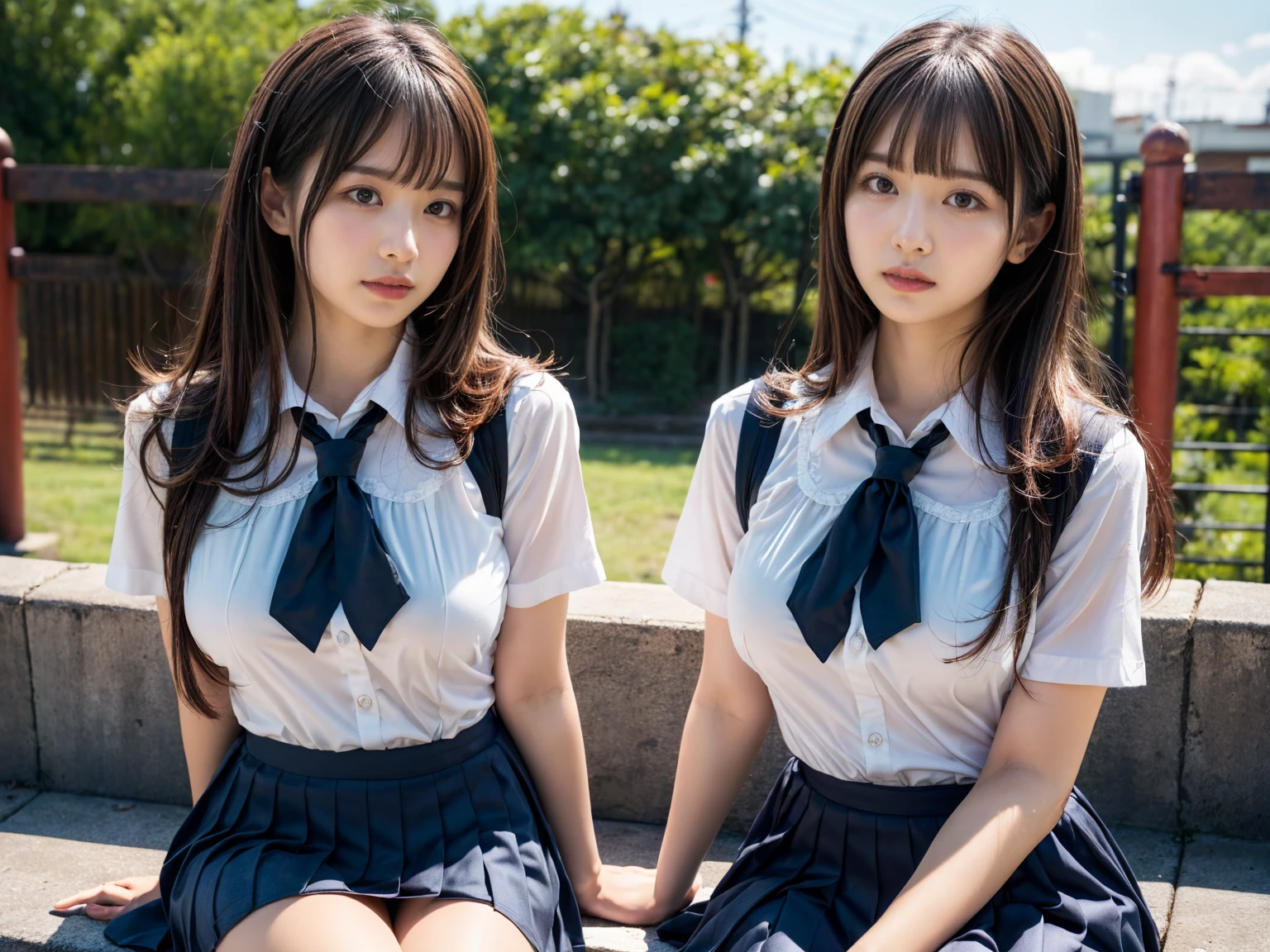 (RAW photo, 4k, masterpiece, high resolution, extremely complex) (realistic: 1.4), cinematic lighting
((2 girls, 2 schoolgirls)),Slam Dunk's,blushing,((innocent)),bright eyes,round eyes,blunt bangs,(straight hair:1.3),black hair,large breasts,wide hips,Summer Noon, ,Hot, (Best Quality), (Highres), (an Extremely Delicate and Beautiful),(Beautiful 8k face),(Brown eyes),short bob hair,( spectators),(gigantic breasts),(Play with each other,Touching each other's bodies,Touching the body),(Japanese high school uniform:1.3),blue skirt,(reality),bright lighting,(The background is a luxury hotel room)