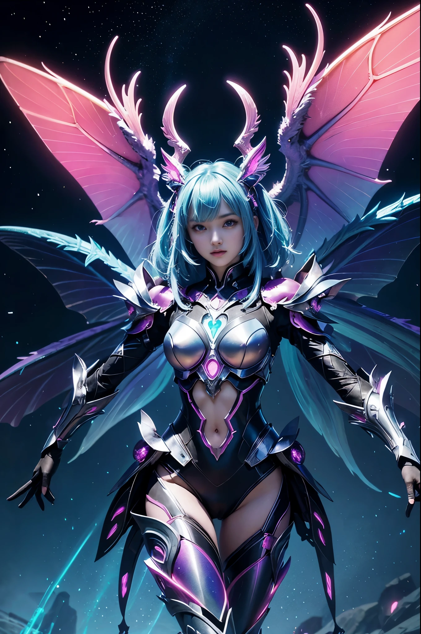 1girl, Armor, Wings, beautiful dragon, futuristic evolved Nekomata, (Neon glowing body), 2 tails, holographic, (The wings are symmetrically paired;1.5), Long shot,