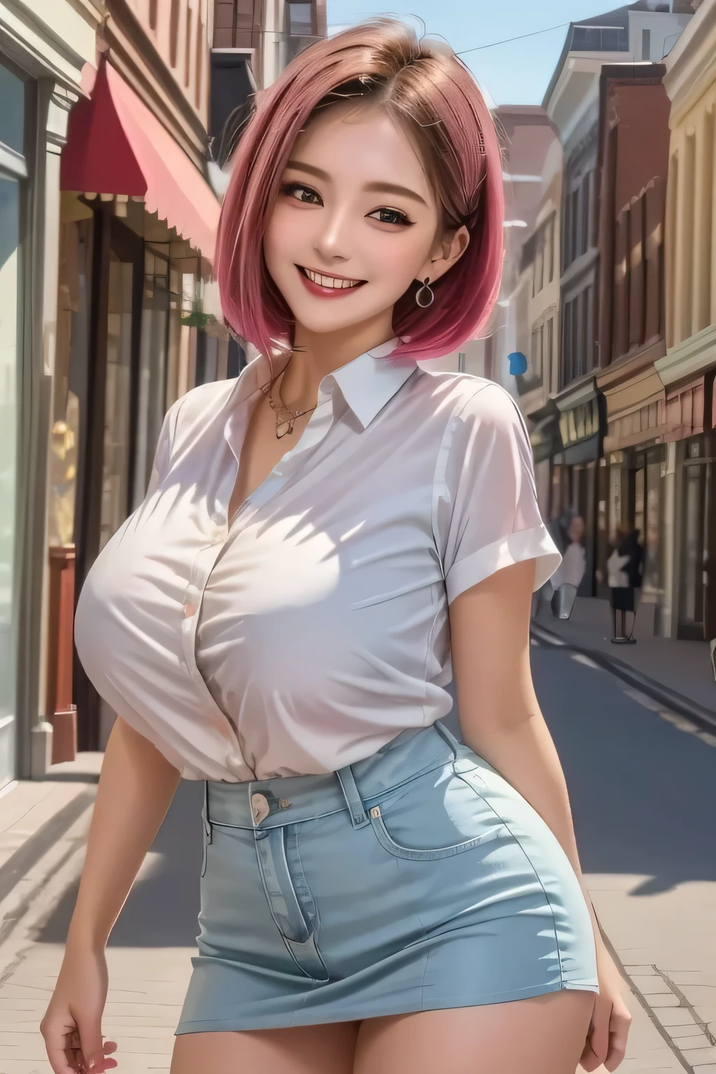 masterpiece, best quality, Delia, Ponytail, Pink shirt, Blue Skirt, Smile, Upper Body, Large Breasts,(((Full and soft breasts,)))(((Huge breasts))) (((Cleavage))) (Perfect curvy figure), house, Blue sky, cloud, grassland, Looking at the audience