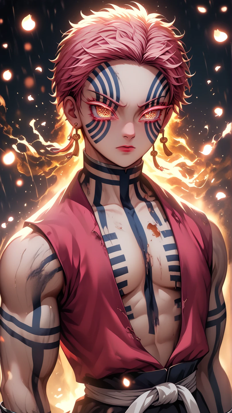 a young man in the story series "Jujutsu kaisen" named "itadori yuji" with a tattooed face, brown eyes, bright red hair, is using the demon domain technique (SUKUNA), and a white kimono shirt, filled with an evil aura colored red, black, with realistic visual effects.