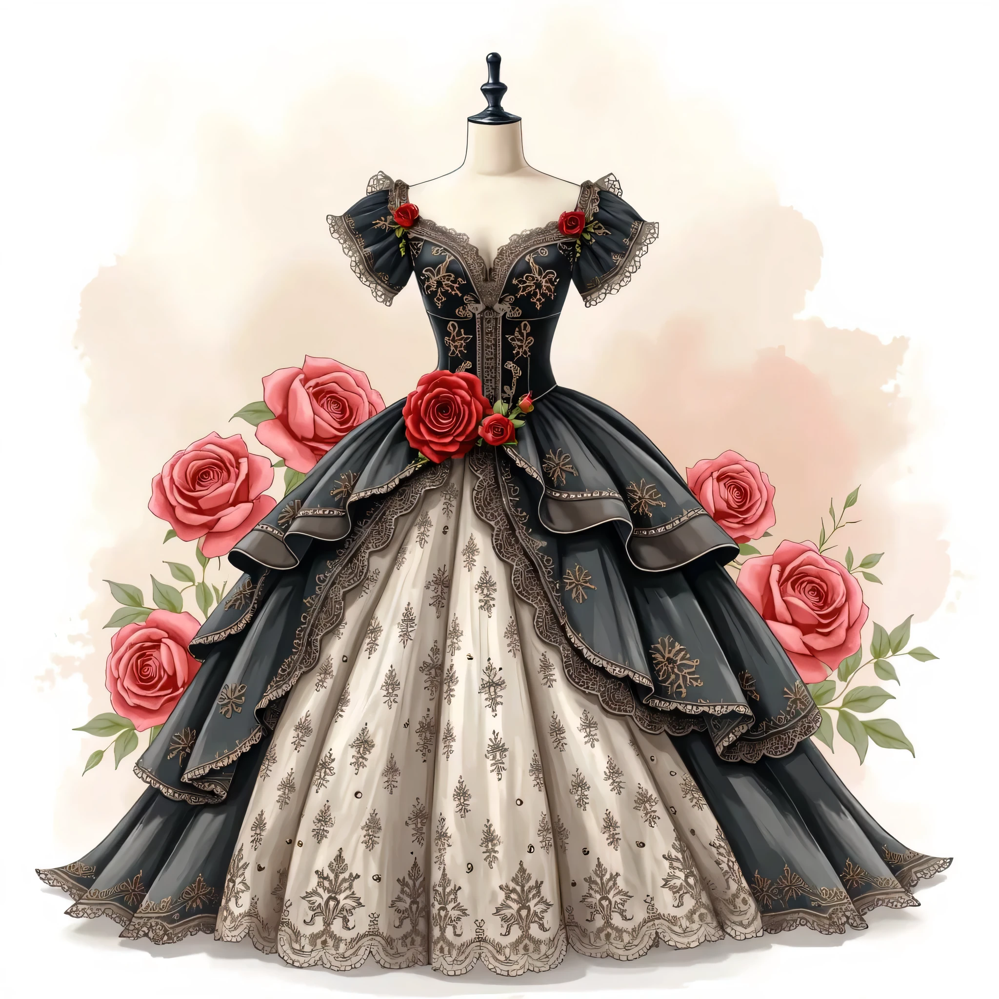 Vintage black and white ball gown with lace, red roses on the skirt, watercolor clip art in a soft beige background.
