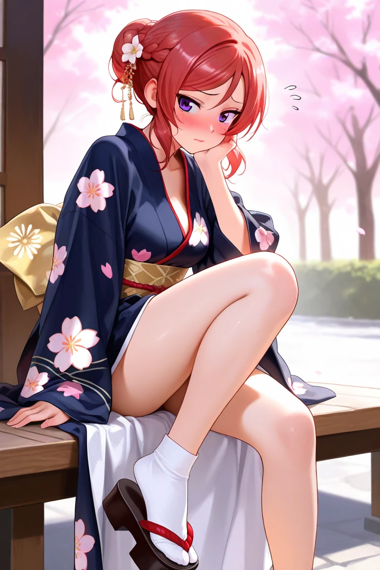 Beautiful girl wearing a short yukata with a white and red hem is squatting and touching her hair with one hand, looking at the camera, ((((background blur))), sandals with nose cords, bare feet, cotton underwear,