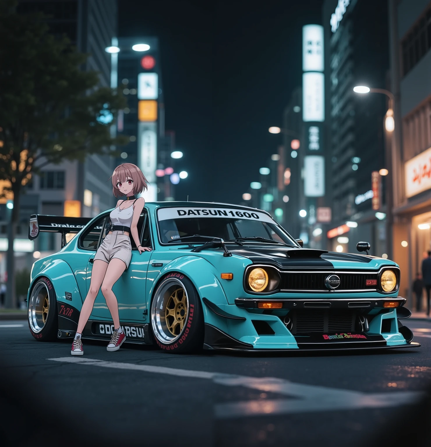 wide body and offset wheels to tune the Datsun 1600、paint an anime woman to tune the Datsun 1600,ダットサン1600をチューンする,masterpiece,Ultra-fine expression,downtown at night,