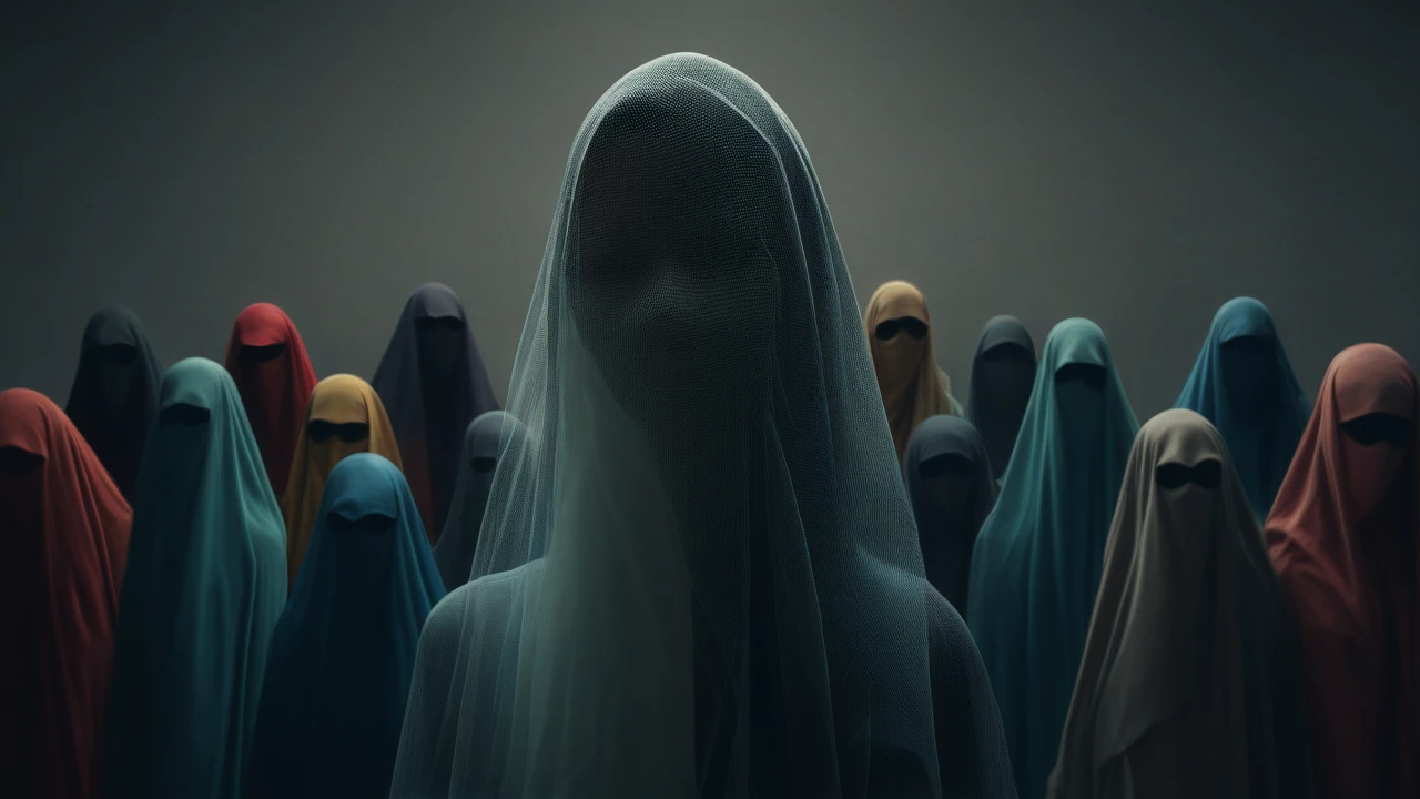 Six faceless girls!!! I want a white light on their face so you can't see it, 2 girls with hijab and 4 with black hair
