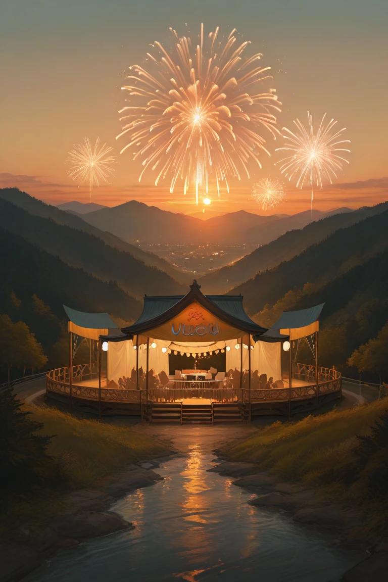 Music Festivals,Musician,Music Stage, Natural Landscape, Sunset , lighting effect,Fireworks Festival,Golden Moment,nature,Quiet and calm,Exquisite detail,4k HD,ultra-details,HDR, Professional Photography ,Vivid Color,Gorgeous and charming