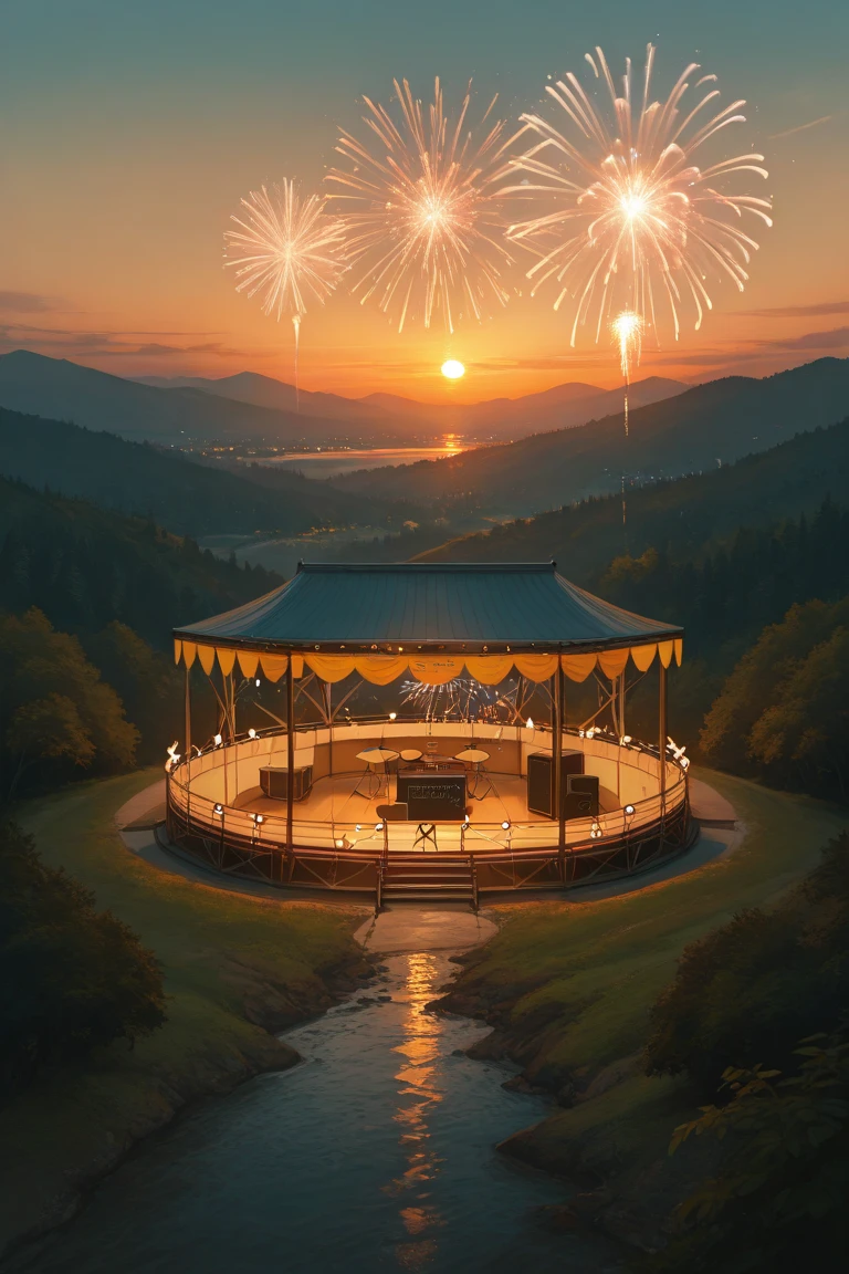 Music Festivals,Musician,Music Stage, Natural Landscape, Sunset , lighting effect,Fireworks Festival,Golden Moment,nature,Quiet and calm,Exquisite detail,4k HD,ultra-details,HDR, Professional Photography ,Vivid Color,Gorgeous and charming