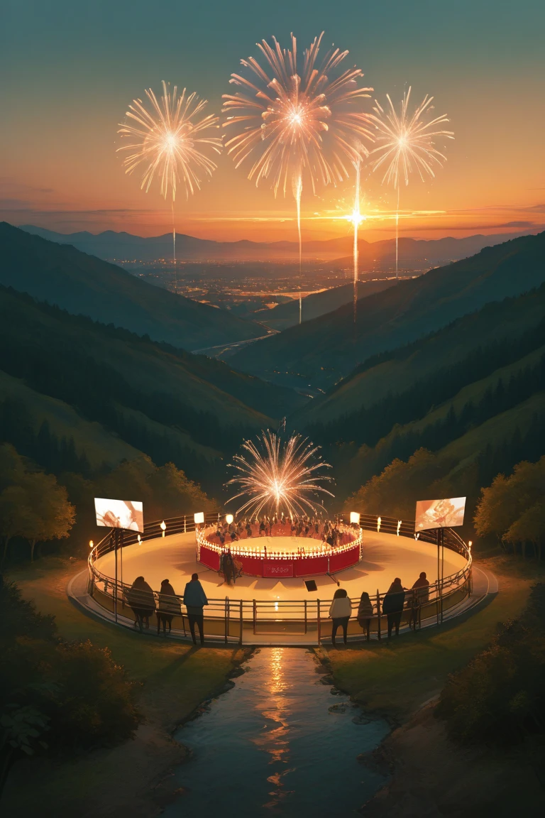 Music Festivals,Musician,Music Stage, Natural Landscape, Sunset , lighting effect,Fireworks Festival,Golden Moment,nature,Quiet and calm,Exquisite detail,4k HD,ultra-details,HDR, Professional Photography ,Vivid Color,Gorgeous and charming