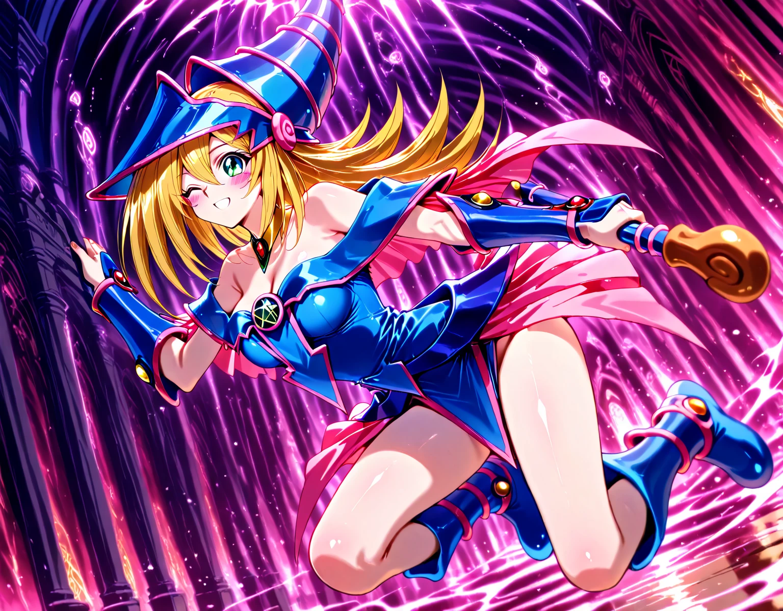 ultra-detailed, extremely detailed, masterpiece, highest quality, best quality, absurdres, highres, dark magician girl, (1girl:1.2), solo, detailed face, dynamic pose, hair flow, (full body:1.1), blonde hair, long hair, looking at viewer, green eyes, skindentation, detailed skin, skin pores, (shiny skin, glossy skin:1.1), rosy skin details, breasts, nail polish, skirt, blue footwear, blue headwear, wizard hat, wand, holding hat, (blue panties:0.9), (summoning circle:1.1), hexagram, pentacle, pentagram, yu-gi-oh!, duel monster, purple magic field, glow, detailed background, intricate background,