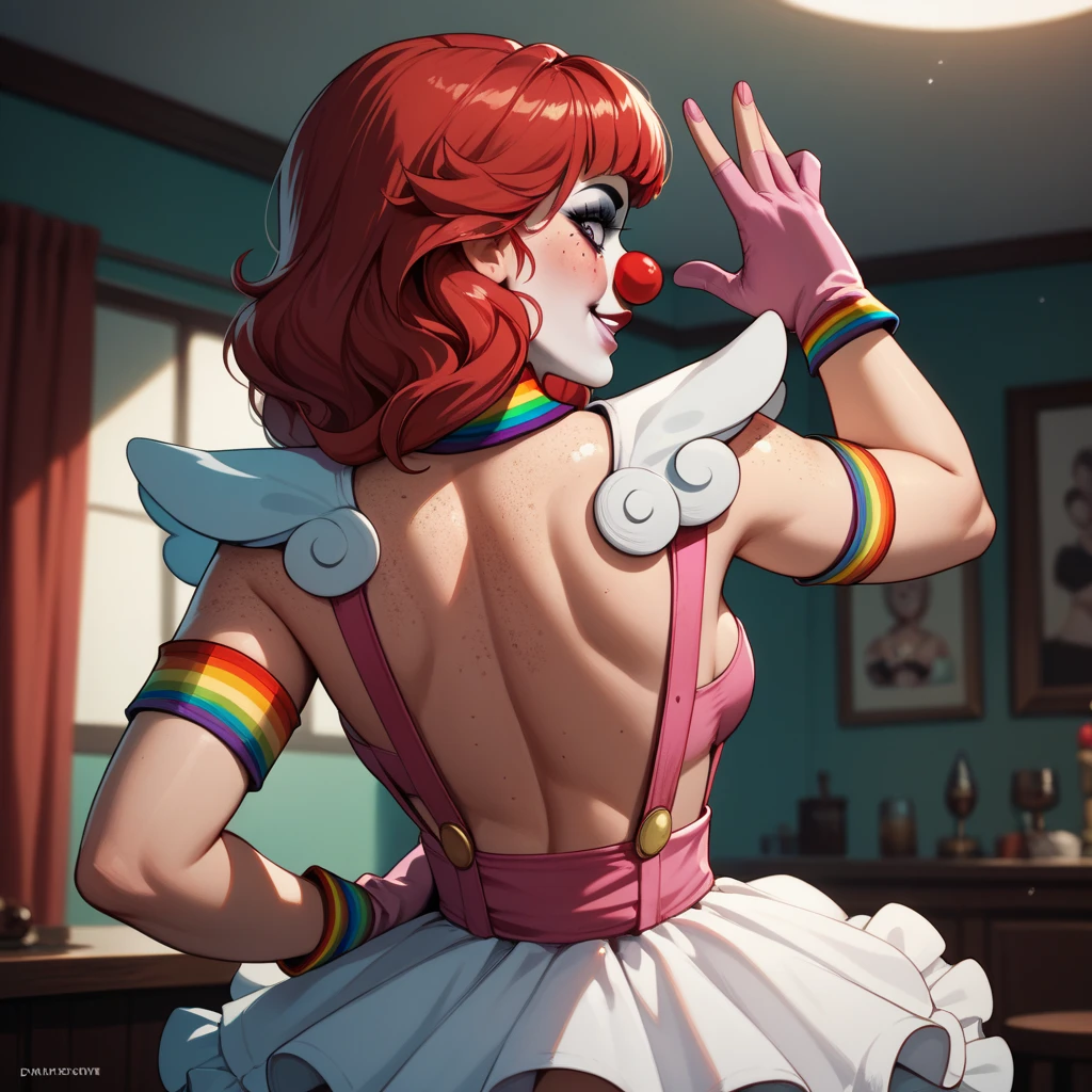 Anime style, source_anime, ((small breasts)), (1 Girl), ((raimbow hair)), white eyes, double eyelids, light effect in the eyes, wide hips, naughty smile, ((hourglass hot perfect sexy body)), solo, best quality, masterpiece, portrait, flirting with viewer, sensual pose, detailed, perfect anatomy, detailed art, high definition, 4k , high resolution, (cosplay pomni clown),