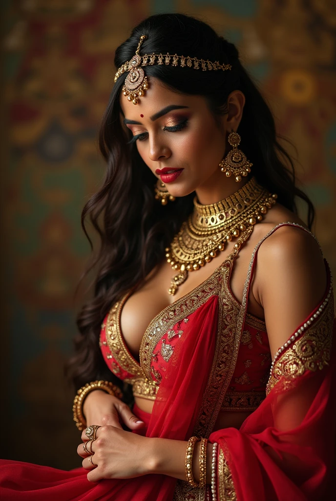 a woman al mercato della frutta a bombey in a sari posing for a picture, indian goddess, traditional beauty, indian, beautiful goddess, ornate , indian style, indian super model, beautiful maiden, gorgeous woman, south east asian with long, provocative indian, gorgeous beautiful woman, intricate outfit, hindu aesthetic, beautiful asian girl, extremely detailed goddess shot, jaw-dropping beauty, big boobs deep cleavage sexy navel