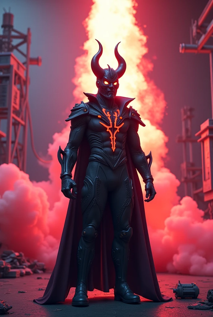 (extremely detailed 8k wallpaper), a medium shot photo of  Grim dressed as a scary masked orange nature-supervillain in an orange armour made of orange glowing wires from marvel, theme, intricate, high detail, dramatic, old building with orange signs in the background