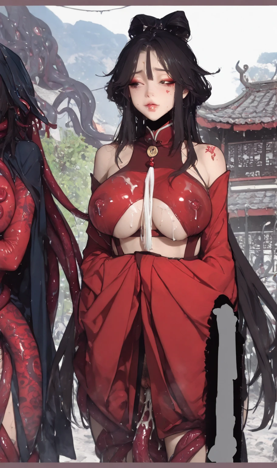 Two girls, big breasts, slim waist, большая зfromница, demons, red and black hair, Revealing clothing, from, fire, lava, lustful look,