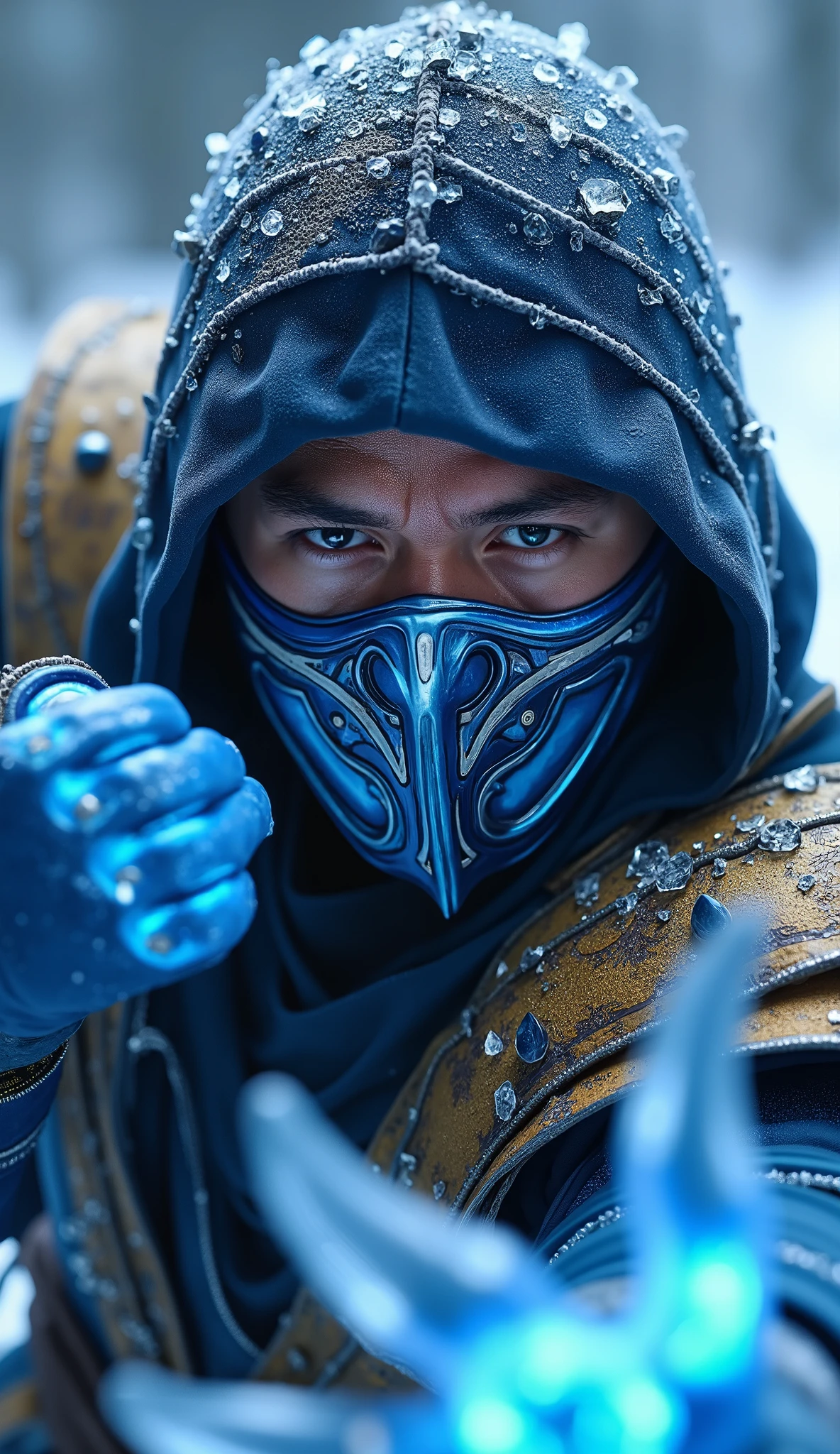 The image shows Sub-Zero, a famous character from the game Mortal Kombat. He has an intense expression, with eyes glowing in a vibrant blue tone, transmitting a sense of power and concentration. The mask that covers his face is detailed, with elements in metallic blue and ice, standing out with freezing effects. His costume is predominantly blue, with details of weaponry and protection, in addition to a black cape that covers his head. Ao fundo,  The environment seems frozen , with elements of ice and snow that complement the character's theme. Sub-Zero's pose suggests that he is ready for combat,  with the hand clenched into a fist , evoking an aura of strength and control over ice.