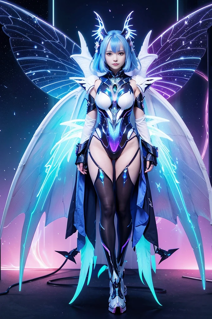 (Huge boobs:1.4), horns, long straight hair, blue hair, full body, armoured