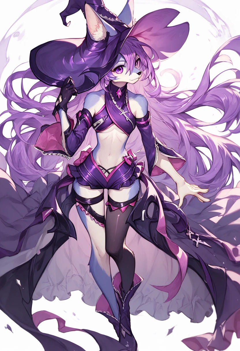 ((Masterpiece, highest quality)), My Hero Academia style, detailed face, character sheet, full body, full of details, highly detailed, depth, anime Girl, 1girl, long hair, dual tone hair, dark purple hair with magenta tips, dark purple eyes, Cheerful gaze, smug, wide thighs, wide hips, large breast, hero suit, full body suit, black color suit with pink lines, chest harness belt, silver metal shoulder pads, silver metal shin guards, silver metal knee pads, silver metal knee pads, silver metal bracelets, pink elbow length gloves, pink knee boots, silver metal toe cap boots,
