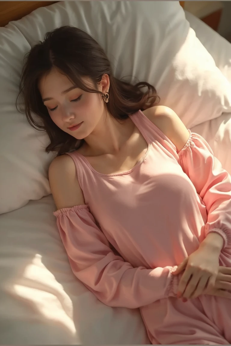 On the big white bed，There is a beauty that catches the eye。She has a slim figure，Wearing pink pajamas，White off-the-shoulder vest。Crop topping，Long legs，It looks more elegant。In terms of appearance，She has long black and shiny hair，Long hair fluttering, Fair skin like jade，The facial features are delicate and picturesque，Especially those big bright eyes，It seems to be able to see through people's hearts。She often has a smile on her lips，Exudes charming confidence and charm，Best quality，Face to face audience，cute smiling，Charming，get down on the bed，Beautiful posture，Curvy body