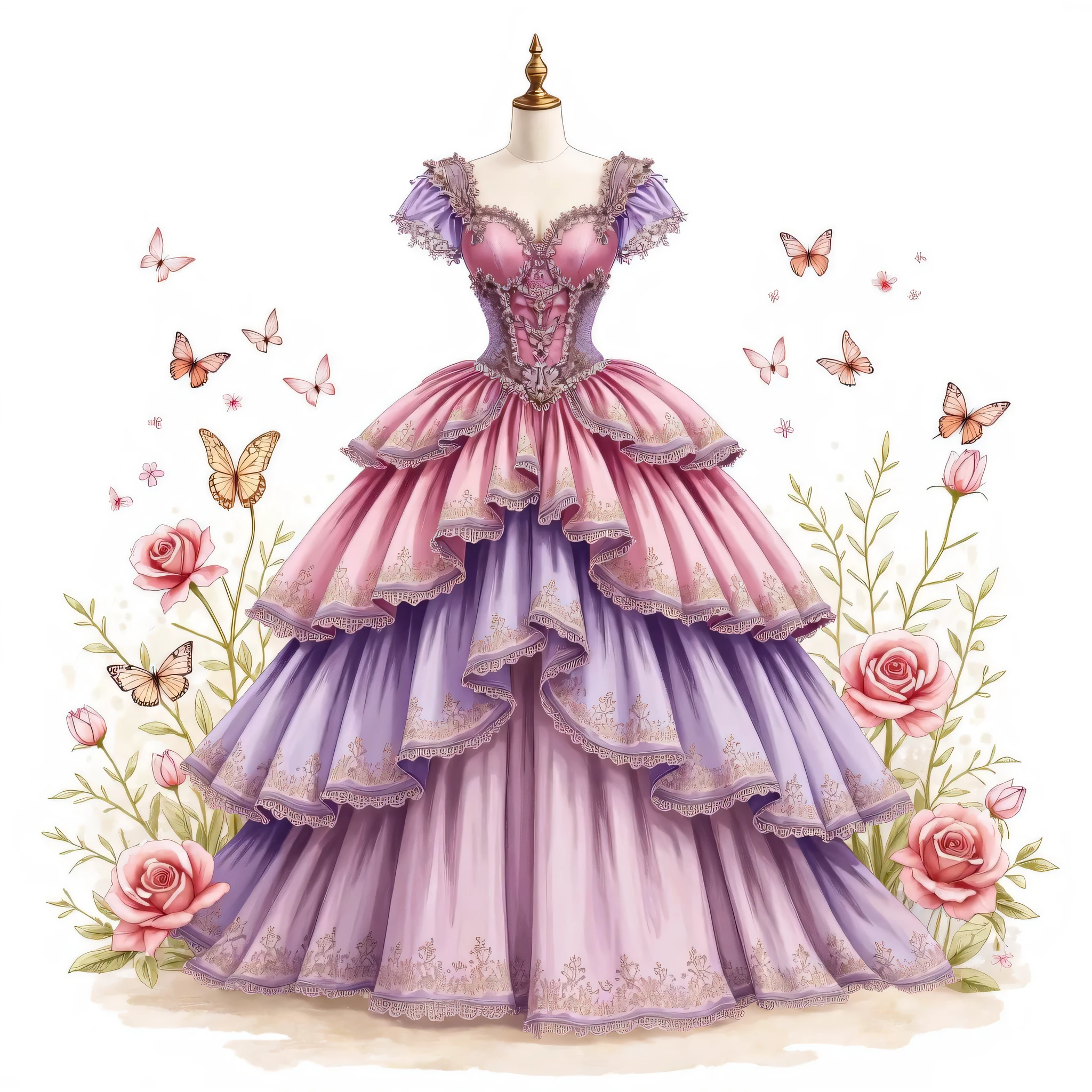 A beautiful princess dress in shades of purple and pink, adorned with butterflies and roses. Hand-drawn illustration on a white background, full-body, pastel color palette, watercolor clipart graphic design elements, high resolution, no text, colorful, pink blushy colors, soft edges, hyper-realistic, no shadowing, no gradient shading, contour lines, white background, fantasy fairy tale theme dress.