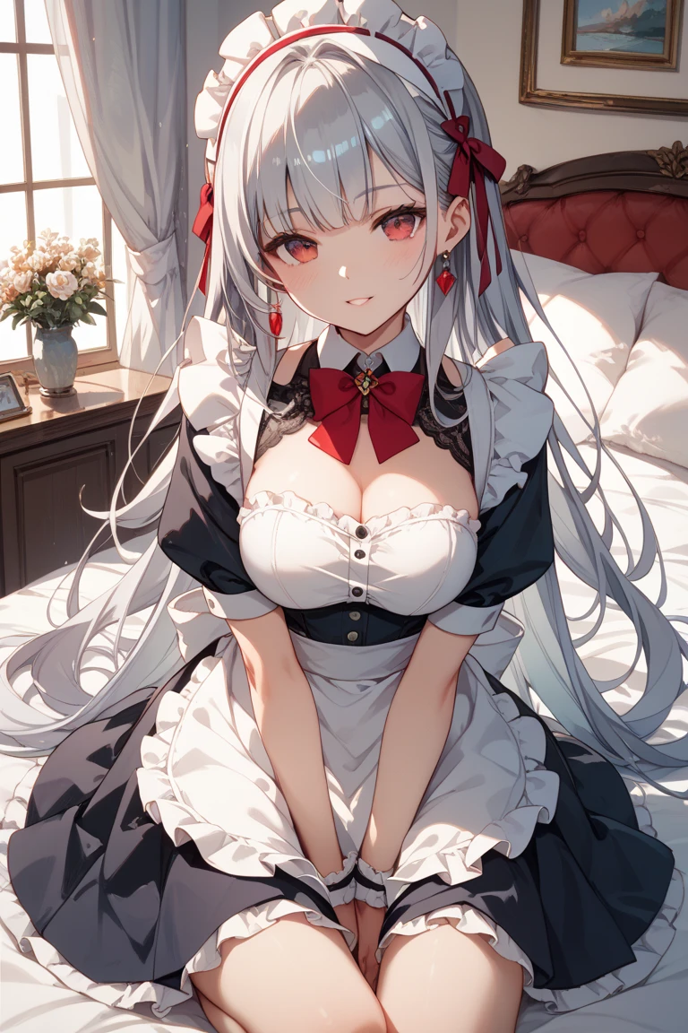 White wolf woman, wearing a maid outfit with red bows, has long, messy white hair, has red-orange eyes, has a big breast, has wolf ears and a wolf tail.