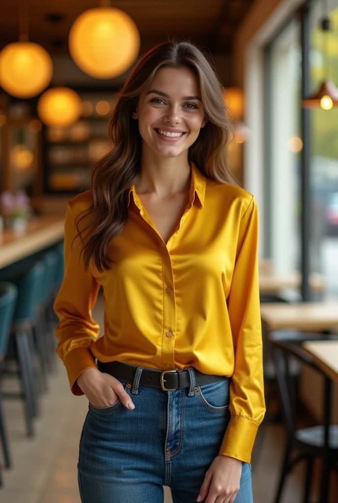 Woman with pastel yellow blouse, beautiful for marmalade colored hair and black pants brown shoes