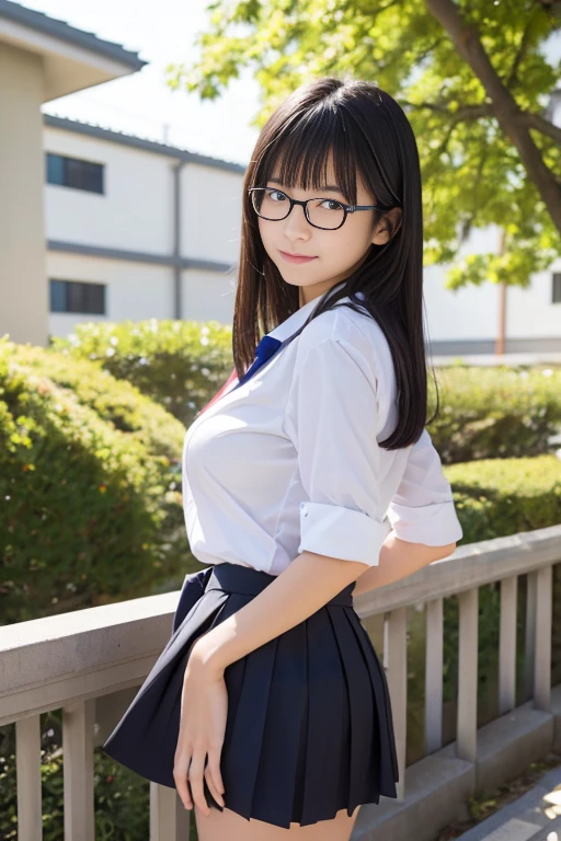 (8k, RAW Photos, Realistic: 1.25), (Partially gray hair, Cherry colored natural lips, Thin eyebrows, eyelash, tears, Snap Bang, Shining Face, Shiny skin, highest quality, Ultra-high resolution, Written boundary depth, chromatic aberration, Caustics, Wide Lighting, Natural Shading, Neat and clean Japan woman, 15 years old,Glasses, kind, Beautiful black hair, smile, Small devil, Show me your ears、photo shoot, Cute face, Thighs, After-School Classes, Film Grain, chromatic aberration, Sharp focus, Face Light, Bright lighting, 10 generations, Detailed face, Background Blur、((((((15 years oldの女子高生))))))、絶対にGlassesをかけている, Very large breasts, Slender body, Sailor suit、Navy blue mini skirt、White socks, Black Loafers, Realistic and detailed school library, Reading a book in the library, 