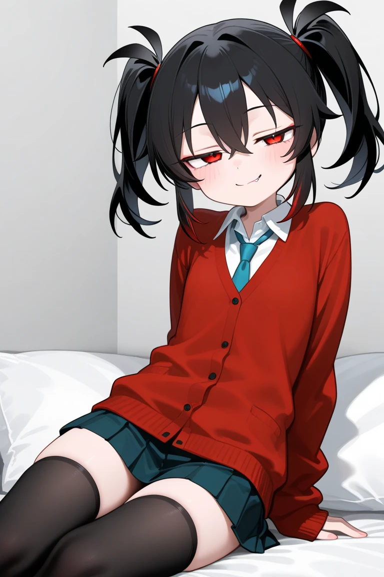 wavy black hair, piercing look with deep red eyes, average stature, Silky hair with a ponytail hairstyle collected with a red bow with two white lines., lying in her bed ,unclothed , has a vagina, has breasts,NSFW, poses perverteds, lustful look, perverted, wearing a top, wearing a mini skirt, you can see her underwear under her skirt, showing my ass to the camera, transparent lingerie panties