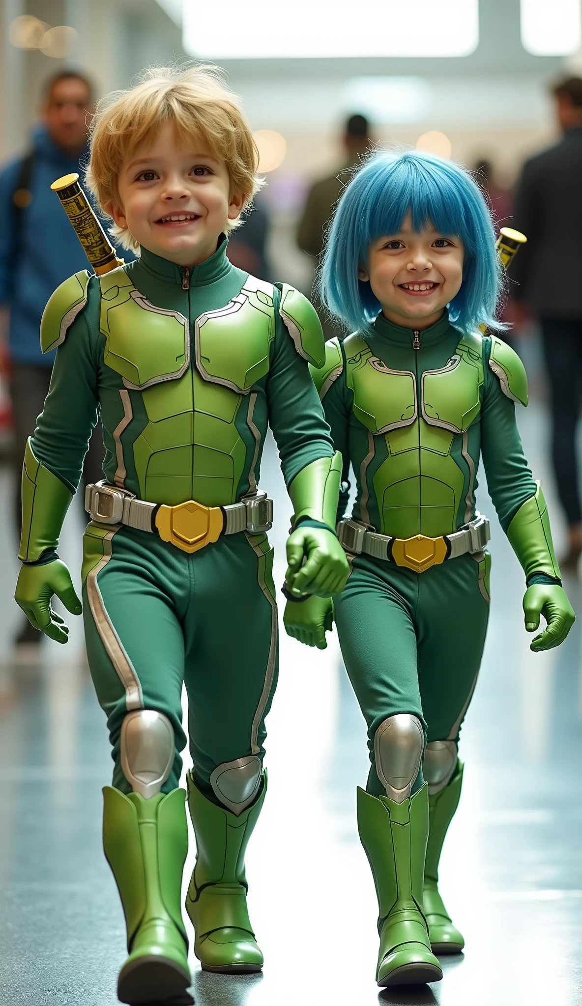 character: 1 baby boy yellow hair Wearing futuristic light green hulk suit with gold silver armor futuristic white accents, and 1 baby girl short straight blue hair bangs Wearing futuristic light green hulk body suit with gold silver armor futuristic white accents . They Looks Europe face.
action: Walk straight and look straight ahead.
Expression : smiling.
Accessories: two katana swords on their backs.
Background : A bright indoor public space , with people vaguely seen in the distance, shows that this picture was taken at a fun event or get-together, maybe a convention or costume . They radiate happiness as they walk confidently in their superhero costumes. Show the whole body.