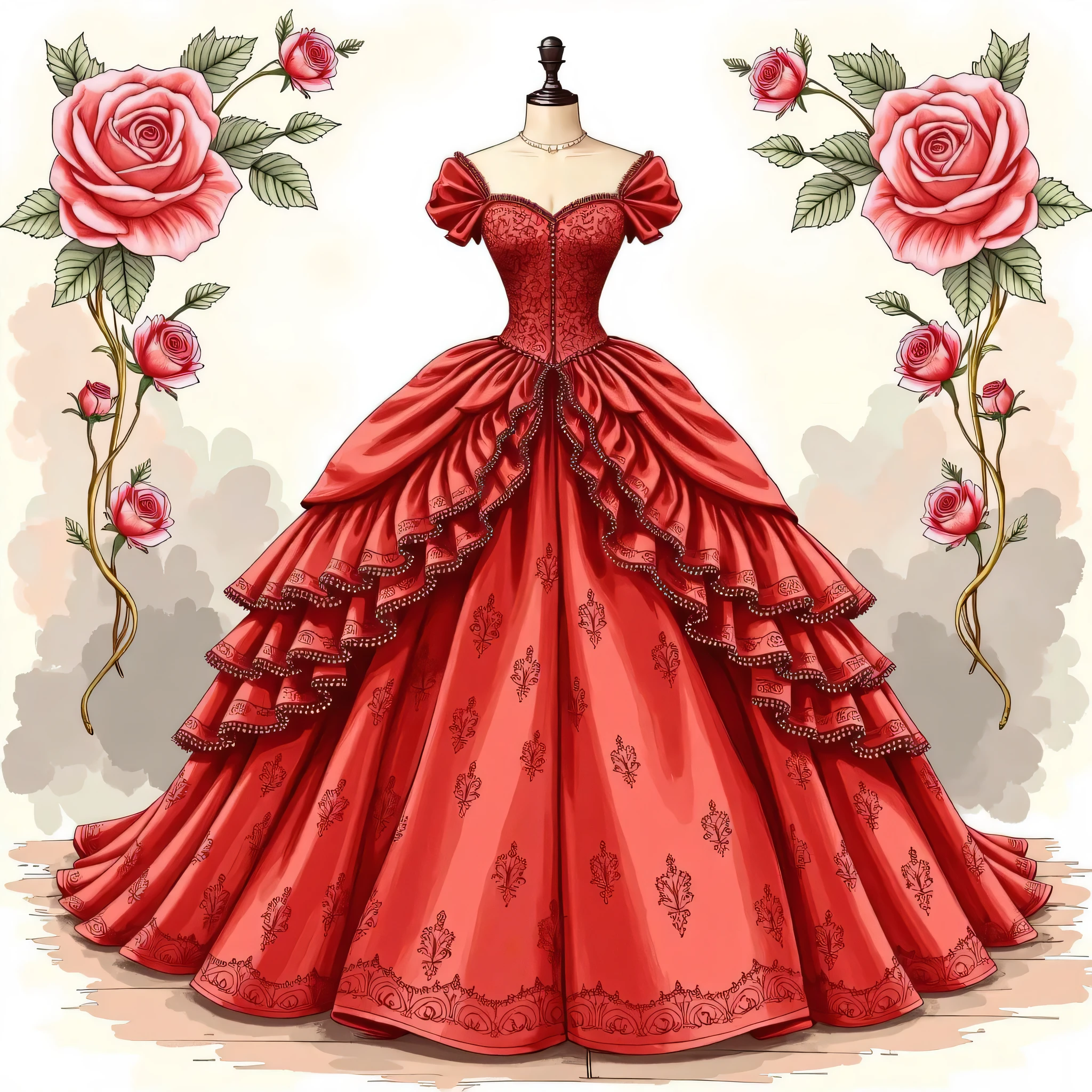 A red ball gown adorned with roses, a full-body illustration in a pastel-colored pencil style, with detailed and romantic scenery, and no background.