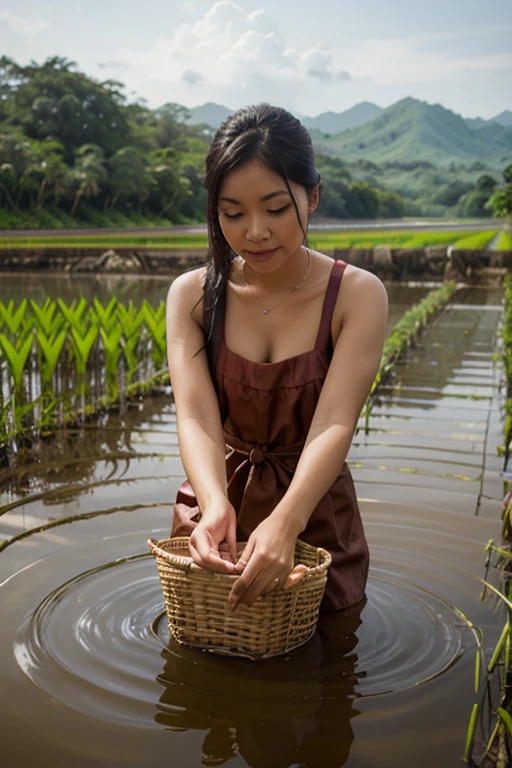 A miniature scene,A surreal miniature world created by glutinous rice dumplings and bamboo leaves,Large aperture lens,Tilt-Shift Photography,Woman wearing a bamboo hat,Washing sticky rice by the stream