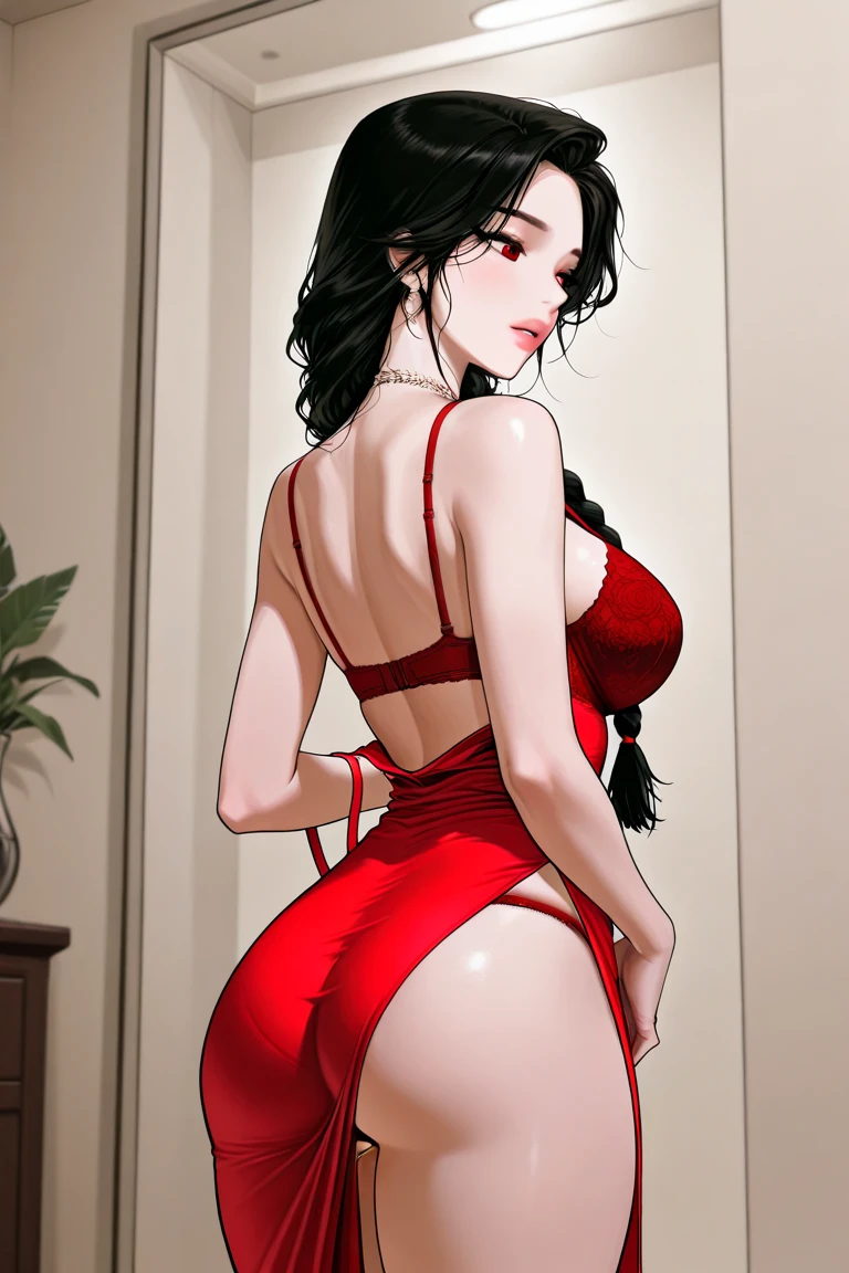 
(best quality, highres, photorealistic),  elegant mature woman showing her muscular back, blue eyes,wavy hair, black hair, neck plunging red dress with intricate patterns,huge saggy breasts, ultra detailed cg 8k, beautiful cg, soft light, long jhumka earrings, cleavage, makeup,dark pink lipstick, delicate necklace, Royal gloves ,makeup, beautiful eyelid, eyeshadow,eyeliner,navel,bare legs ,huge ass, backless , muscular back,bare back,curvy back,