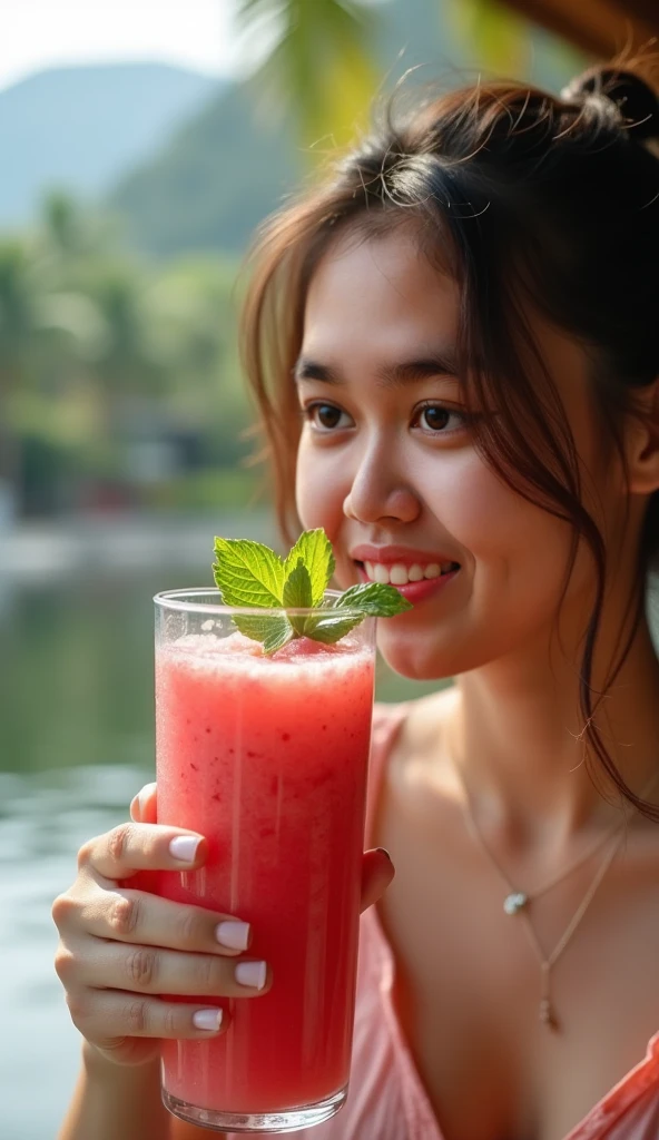 Woman aged 25 to 35, in park, salmonete, chestnut hair, brown eye drinking acai in the park, ultra HD, high qualiy, best qualityer, high resolution, 8k, 16K