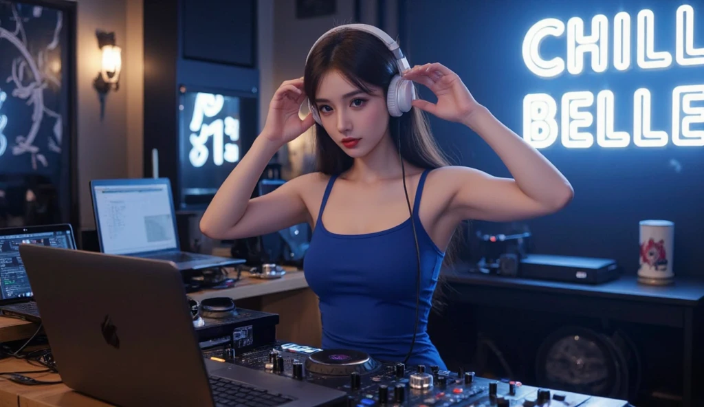 (8k, Ultra-high resolution, The best masterpiece, best quality:1.2), Very detailed, Complete Solution, (actual, actual photo: 1.37), Half Body, focus on eyes, HD RAW photos, career arrest, High quality and beautiful, 超高清 8k 影像照片, Volumetric lighting, Soft Light, confess, Professional photography, Very detailed的美麗女孩, Super delicate face shape, Contoured eyes, (Very detailed eyes), Precisely shaped nose, expressive lips, Delicate skin, (HD Skin:1.2), Neatly contoured fingers, Every feature is carefully displayed, a story, (20:1.2), Twenty generations, cute girl, Beautiful mature lady, Female DJ, brown hair, long, straight hair, sparkling amber eyes, red lips, Eye makeup, Cleavage, Colorful clothes , strange, Vibrant look,  Playful accessories, creative act, Imaginative, Sensual, spontaneous, DJ headphones, Mixer, Music Club, Nightclub, independent theater, (People dancing on dance floor background),  underground dance hall,  best quality, Texture, intricate details, dance floor lighting, perfect anatomy, Detailed background, HD background without blur, particle, actual, stunning details, 8k Ultra HD, high quality, CG unity, C4D Rendering, 3D Rendering 