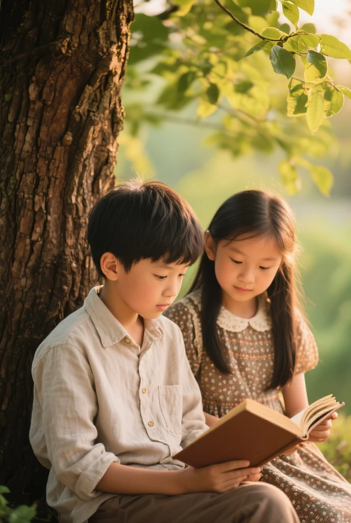 (Masterpiece),(Top Quality),(Super Detail),(Telegraph:1.2), ???, Cute, Smile, 2boys of 8yo and 2girls of 8yo, Troublemaker, Do you want to climb a tree or climb to the sky? modern Koreans, black hair,