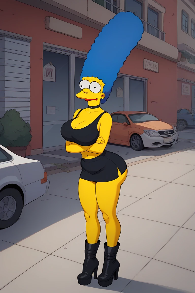 (score_9:1.2), (score_8_up:1.1), (score_7_up), score_6_up, score_5_up, score_4_up, rating_questionable, source_cartoon, a (slutty) (naughty) (evil) lisa_simpson with huge fake tits dancing in a nightclub, poledance, thin waist, huge round breasts, huge ass, entire body, heavy makeup, mascara, dark purple lipstick, piercings, multicolored blonde and blue hair, boot heels, bystanders, neon lights <lora:add-detail-xl:1> detailed <lora:Lisa_Simpsons_for_PonyXL:1>
