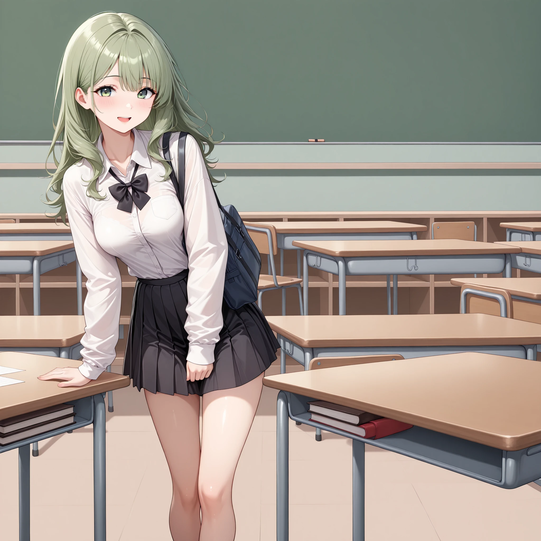 闪亮秀发, OL, 裙子、黑色丝袜,1girl,bag,(高潮表情:1.2),(light_blush:1.2),(blush:1.1),bangs,black bowtie,(green hair:1.2),black skirt,bow,bowtie,chalkboard,classroom,closed mouth,collared shirt,desk,green eyes,green hair,long hair,long sleeves,looking at viewer,pleated skirt,school bag,school desk,school uniform,shirt,shoulder bag,skirt,smile,solo,white shirt,medium breasts,(open mouth:1.1),