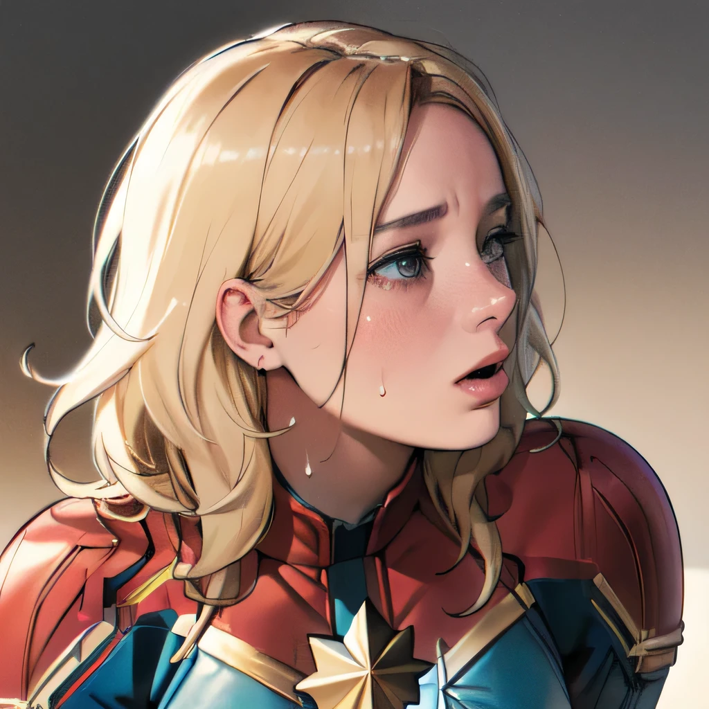 (masterpiece:1.3), (8k, realistic, RAW photo, best quality: 1.4), absurd, charm, ultra high resolution , super real, very well detailed, golden ratio, (realistic), (vest shadow), Low Contrast, (complicated:1.4), Side Lighting, 8k, Beautiful Faces, (realistic Face), Beautiful Hairstyle, realistic eyes, beautiful details, (realistic Skin), beautiful skin, (one girl), ((Brie Larson, Captain Marvel)), (()), (Accurate Hand and Finger Depiction), (long blonde hair:1.3), (half closed eyes), (moist eyes), (half-open mouth), (surprised expression:1.1), (flashing), (sweat), NSFW (is staring at the penis), (kissing penis:1.2), BREAK ((1. Juvenile, 1realistic penis:1.2)), BREAK side view, BREAK heart symbol, heart symbol, heart symbol