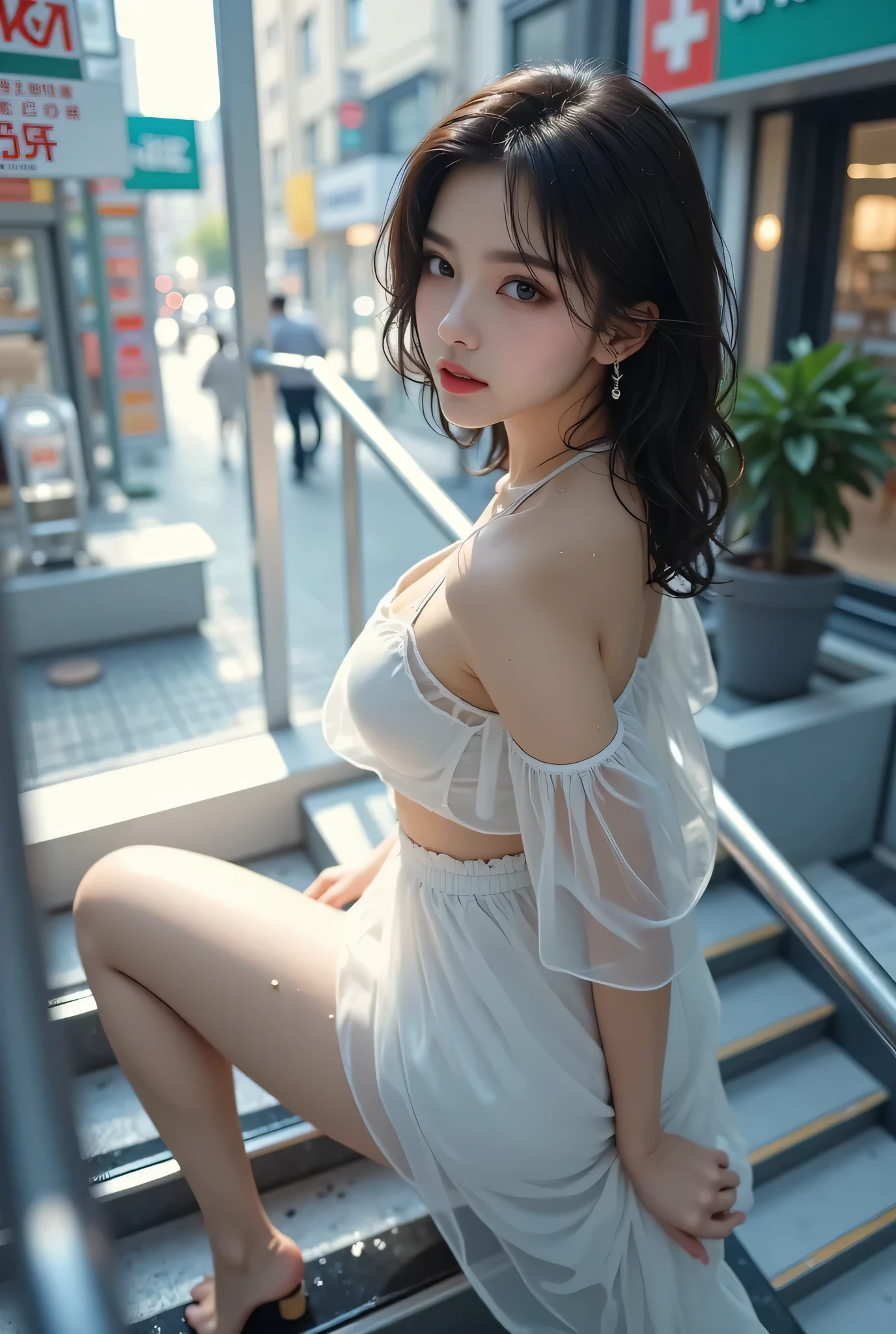 ((Shot in the knee)), 8K, masterpiece, original photo, best quality, detail:1.2),lifelike, Extremely detailed CG unified 8K wallpapers, Depth of Field, Movie Lighting, lens flare, Ray Tracing, (Extremely beautiful face, Beautiful lips, beautiful eyes), intricate detail face, ((ultra detailed skin)) 1 girl, in the darkness, Deep Shadows, Beautiful Korean girl, Korean fashion idol,(Very slim figure:1.3), (A bright smile), (City night, (Neon lights), (night), White Diamond Earrings, Diameter Bracelet, Dia NeckLace, Black pantyhose, Clear eyes, Walk , protrait photo, Future-proof, (big eyes), ((Lace))
