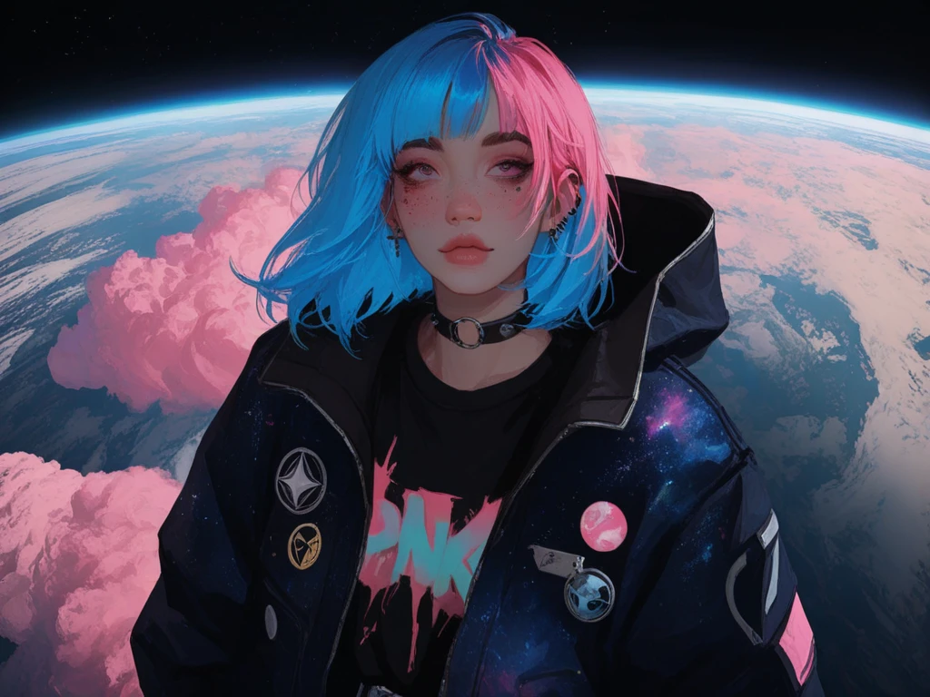 in the style of artgerm, (1girl),(in the sky is supernova and asteroid belts and big gas giant ,               thunderstorm, and rainbow, and slightly cloudy,, ),Lying on the back with knees up, Shag haircut, extremely detailed clothes, Royal blue hair, looking at viewer, <lora:Retro_Ink_SDXL:0.4> retro ink, neon Peach glow