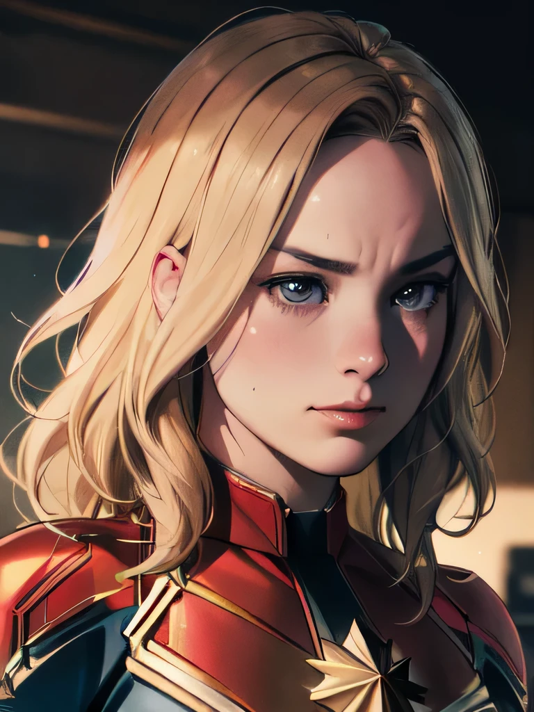 (masterpiece:1.3), (8k, realistic, RAW photo, best quality: 1.4), absurd, charm,  ultra high resolution , super real, very well detailed,  golden ratio, (realistic), (best shadow), Low Contrast, (complicated:1.4), Side Lighting, 8k, beautiful face, (realistic Face),  Beautiful Hairstyle, realistic eyes, beautiful details, (realistic Skin), beautiful skin, (one girl), ((Brie Larson, Captain Marvel)), ((chookikg:1.1)), (Accurate Hand and Finger Depiction), (long blonde hair:1.3), ((painful:1.4)), BREAK (Inside the dark factory , I can see multiple pipes), (steam), BREAK, ((upper body))