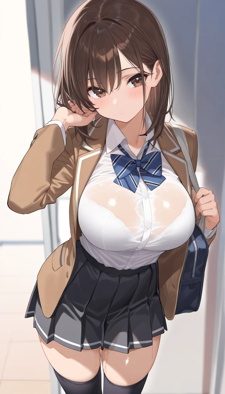 (masterpiece)、(Best image quality)、(Very detailed)、(Very detailed)、4K、(8K)、Best image quality、(beautiful)、 More about Campbell, 1 Girl,Huge breasts、Thick thighs,A light smile、Dynamic pose、gravure、Dynamic Angle、Noise Reduction、Emphasis on the crotch、Breast augmentation、(Transparent black pantyhose:1.2),pubic hair,(school uniform:1.2),(nsfw :1.3)