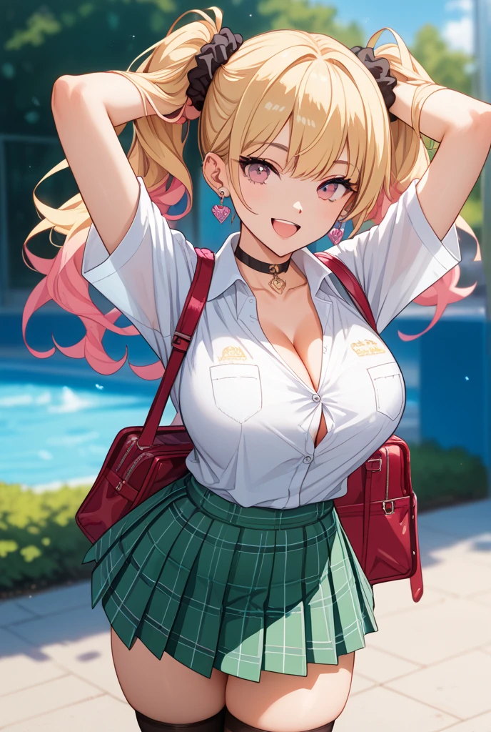 1girl, lunch \(good\) \(dragon ball\), dragon ball, blonde, (throw_hand, pink vibrator remote switch in throw_hand, throw:1.2), Highest quality, Super detailed, masterpiece, Ultra-high resolution, 8K, Ridiculous, Cowboy Shooting, Blurred, One girl, Focus on the girl, Embarrassing, blush, Lovely, Close one eye, With tears in her eyes and her mouth open, What saliva leaves behind, Wet skirt hem, (Sticky panties:1.1), Bulging of the vibrator cord, Vibrator with Garters, (cleavage), Classroom Background, The skirt is accidentally exposed,(large breasts), (crop top navel), (waist line), Accidentally exposed panties