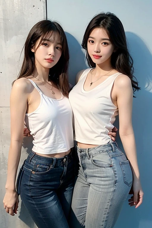 ultra-detailed, 1 girl, Asian, athletic body, realistic skin texture, long hair, (breasts:1.1), smile, gaze at viewer, cropped T-shirt, skinny T-shirt, tight tank top, denim hot pants shorts, movie lighting, face focus, fine eyes, detailed face, well lit face, sunny day, theme park in background