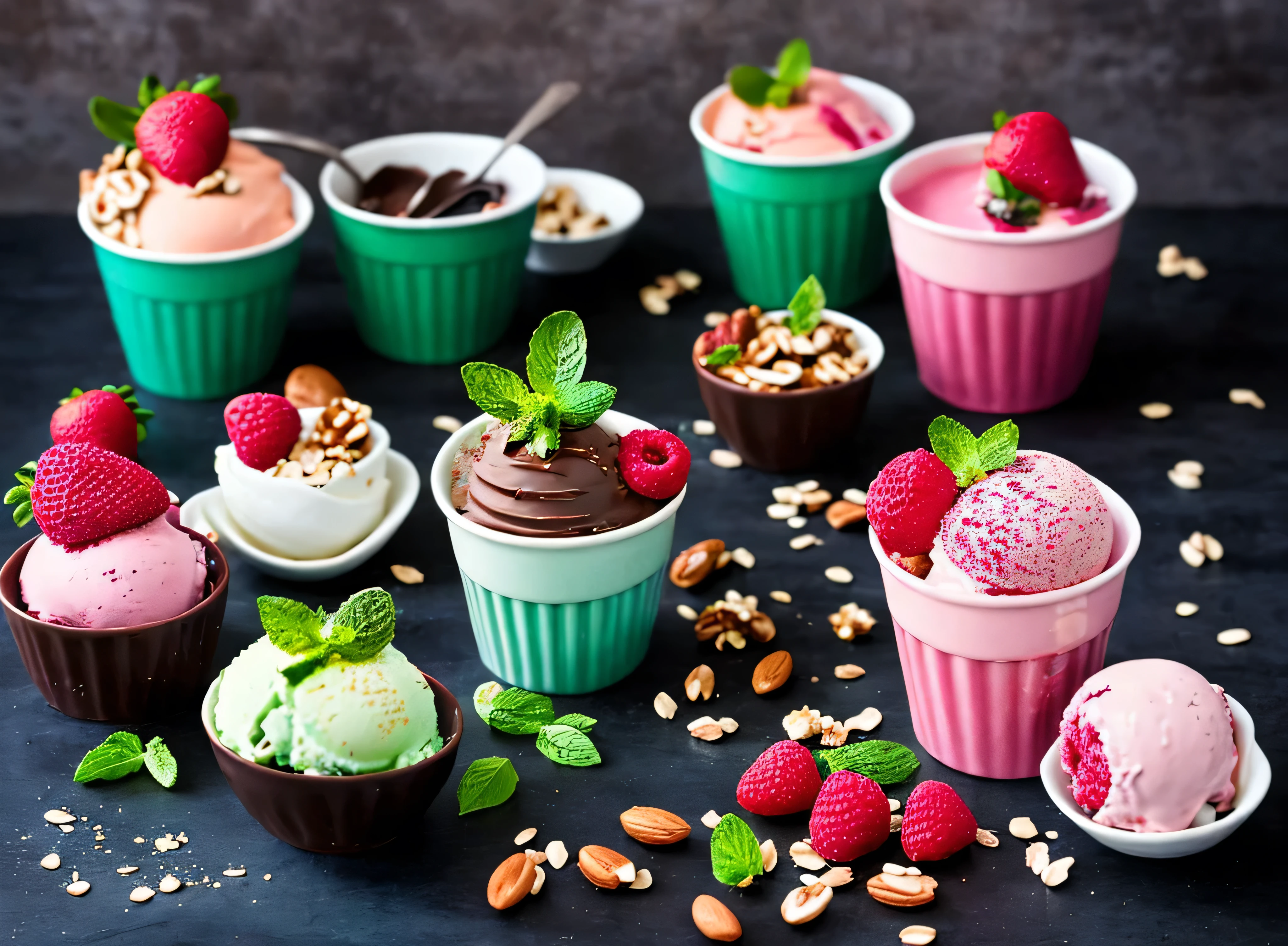 A horizontal, eye-level shot showcases five individual servings of colorful ice cream, each presented in a small, round paper cup and accompanied by a light-colored wooden spoon inserted into the scoop. The cups are arranged in a row across a dark, textured surface, likely a countertop or stone slab, against a dark grey, mottled backdrop that suggests a wall or another textured surface.
From left to right, the ice cream flavors and accompanying garnishes are as follows:
A pale yellow or cream-colored ice cream topped with slices of orange and a few small, dark brown chocolate pieces. Several segments of orange are scattered on the surface in front of this cup. The cup is a light brown or tan color.
A soft pink ice cream garnished with a halved strawberry and a whole strawberry. A halved strawberry and a whole strawberry are placed in front of the light green cup.
A rich brown ice cream adorned with a dark chocolate cookie or wafer, chocolate shavings, and a sprinkle of nuts. A few pieces of dark chocolate and walnuts are scattered in front of the light pink cup.
A vibrant green ice cream garnished with fresh mint leaves and a slice of kiwi. A few slices of kiwi and some raspberries are placed in front of the light blue cup.
The lighting is directed from the front, illuminating the ice cream and garnishes, casting subtle shadows behind the cups. The focus is sharp on the ice cream and the immediate foreground, with the background slightly out of focus. The overall impression is a colorful and appetizing display of different ice cream flavors.