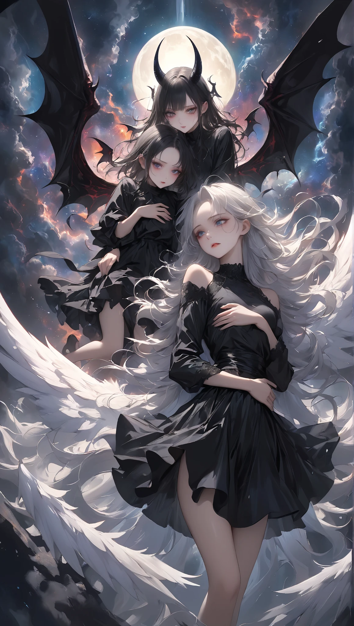 twins,2girls,(An angel,Golden crown,White feathers),(A devil,Skeleton Crown,Black bat wings),Heaven and hell coexist,((Half blooming flowers,Half withered flowers)),Wings,Quantum entanglement,((Hyper-realistic)),Roulette of background fate,intricated,offcial art,masterpiece,high qulity,super-fine,16K resolution,